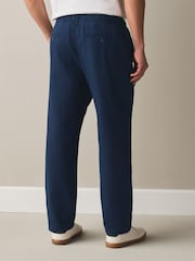 Indigo Blue Regular Tapered Fit Linen Rich Blend Textured Trousers With Elasticated Waist - Image 4 of 8