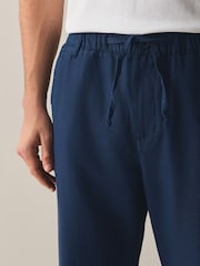 Indigo Blue Regular Tapered Fit Linen Rich Blend Textured Trousers With Elasticated Waist - Image 5 of 8