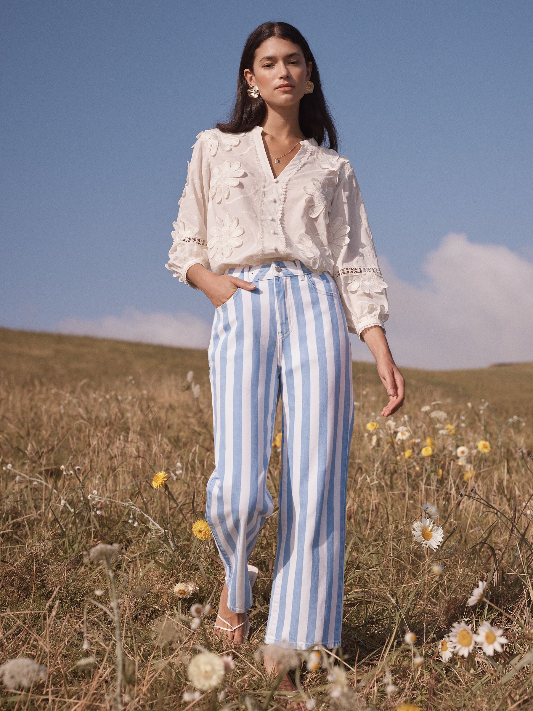 Buy Love & Roses Blue and White Stripe Crop Wide Leg Jeans from