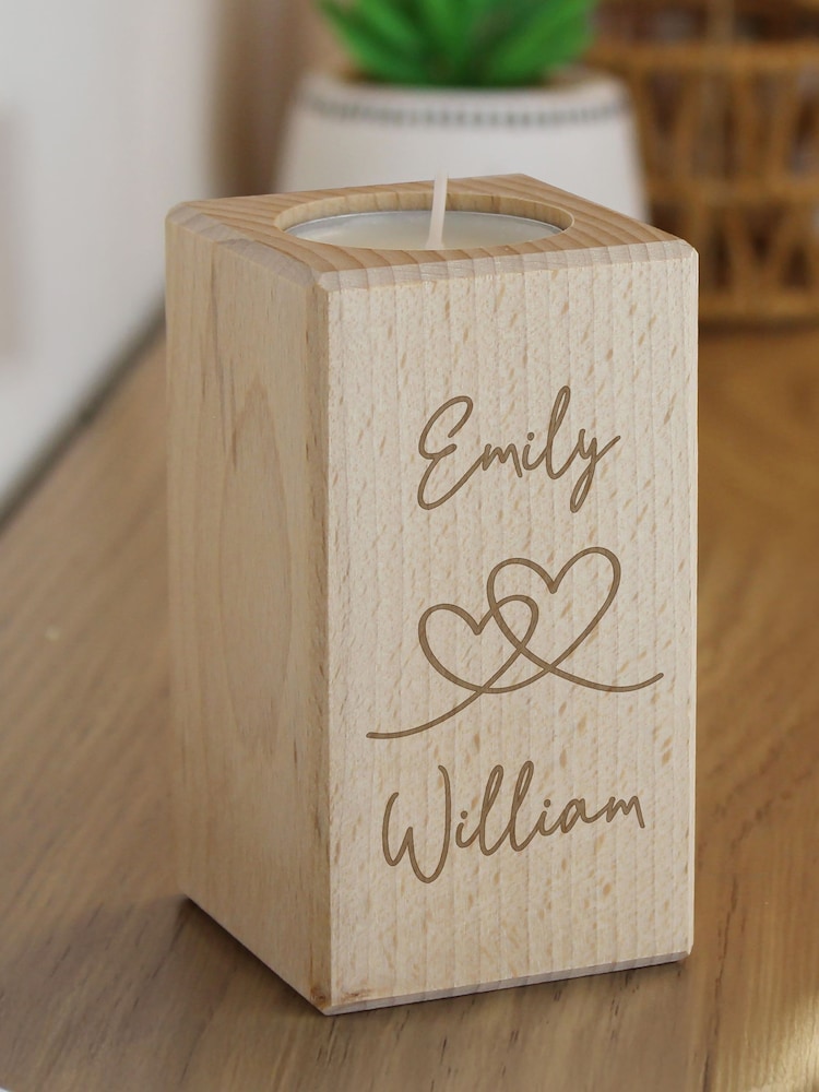 Personalised Engraved Hearts Wooden Tealight Holder by PMC - Image 1 of 2