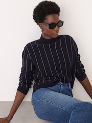 Whistles Blue Stripe Wool Funnel Neck Knit Jumper - Image 1 of 5