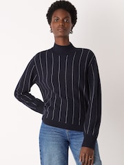 Whistles Blue Stripe Wool Funnel Neck Knit Jumper - Image 4 of 5