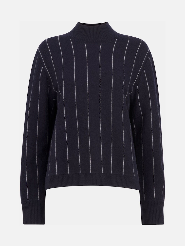 Whistles Blue Stripe Wool Funnel Neck Knit Jumper - Image 5 of 5