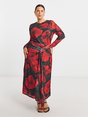 Simply Be Red Mesh Midi Dress With Buckle Detailing - Image 1 of 4