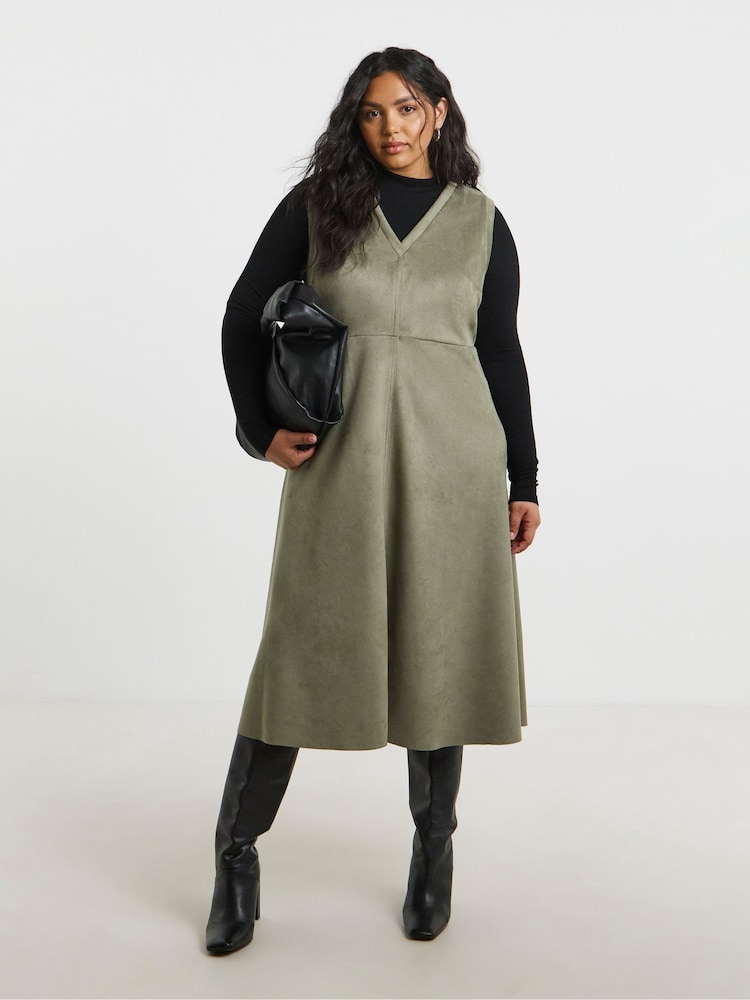 Simply Be Green Suedette V-Neck Midi Dress - Image 1 of 4 Simply Be Green Suedette V-Neck Midi Dress - Image 1 of 4
