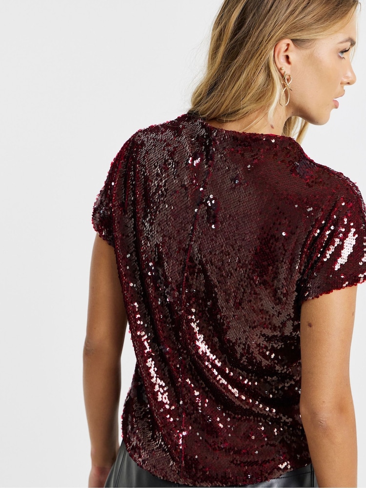 Simply Be Red Glossy Sequin Cap Sleeve Top - Image 2 of 4 Simply Be Red Glossy Sequin Cap Sleeve Top - Image 2 of 4