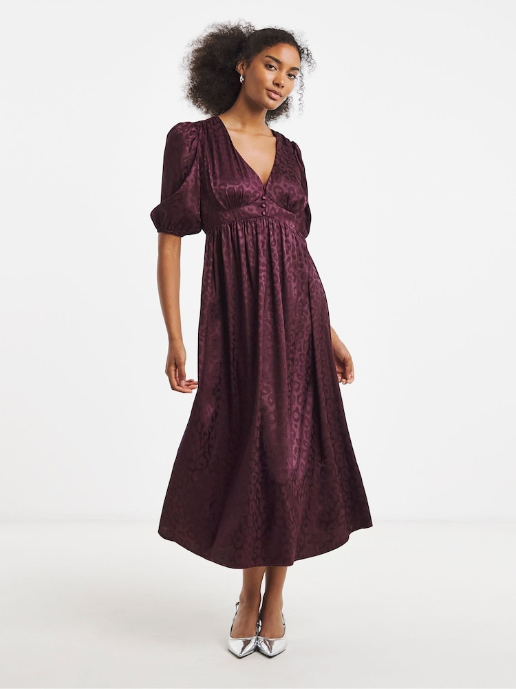 Simply Be Purple Satin Jacquard Button Through Tea Dress - Image 1 of 4 Simply Be Purple Satin Jacquard Button Through Tea Dress - Image 1 of 4