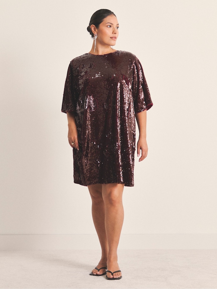 Simply Be Red Bow Back Sequin T-Shirt Dress - Image 1 of 4