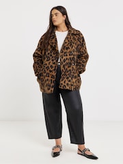 Simply Be Animal Leopard Print Brushed Faux Wool Pea Coat - Image 1 of 4