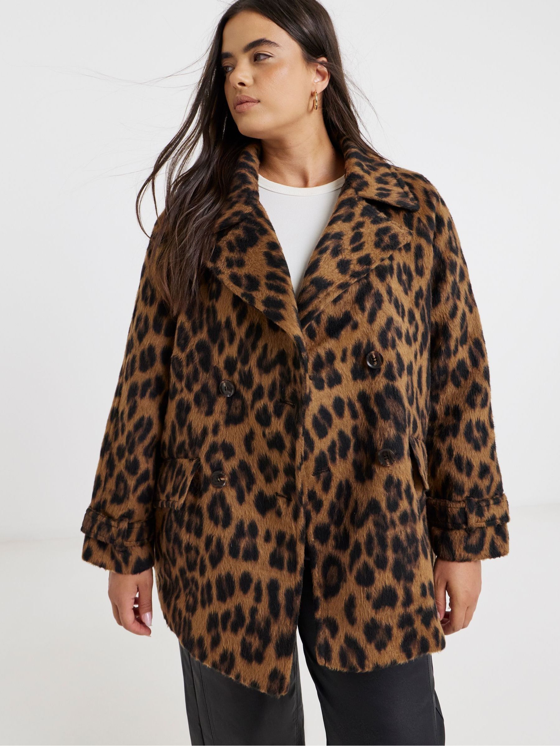 Buy Simply Be Animal Leopard Print Brushed Faux Wool Pea Coat from