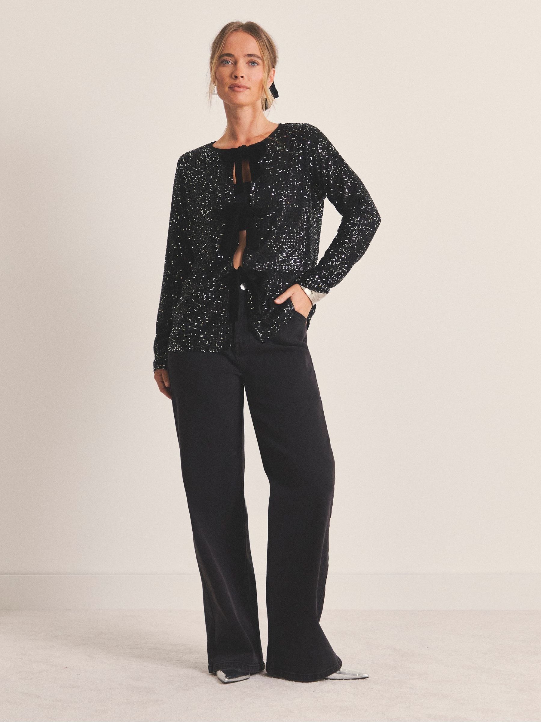 Buy Simply Be Black Sequin Cardigan With Velvet Bows from Next USA