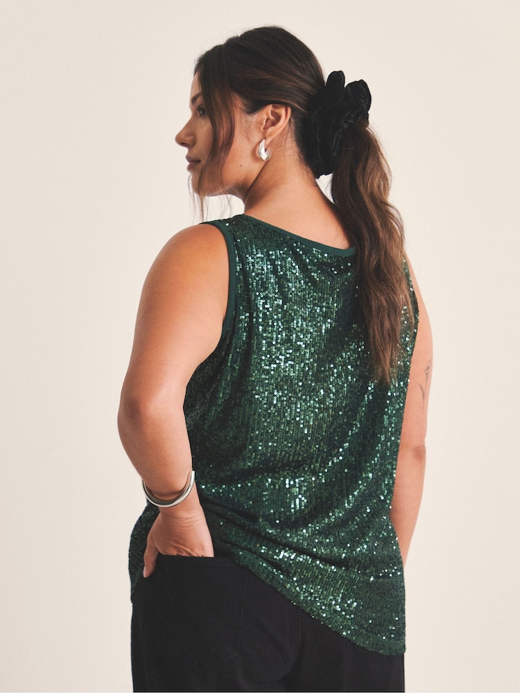 Simply Be Green Sequin Velour Bow Detail Tank Top - Image 2 of 4 Simply Be Green Sequin Velour Bow Detail Tank Top - Image 2 of 4