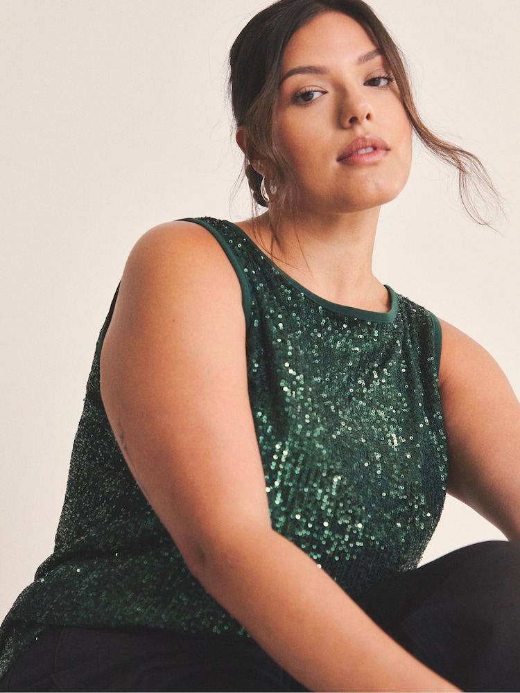 Simply Be Green Sequin Velour Bow Detail Tank Top - Image 4 of 4 Simply Be Green Sequin Velour Bow Detail Tank Top - Image 4 of 4