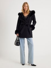 River Island Black Short Fur Hooded Coat - Image 1 of 4
