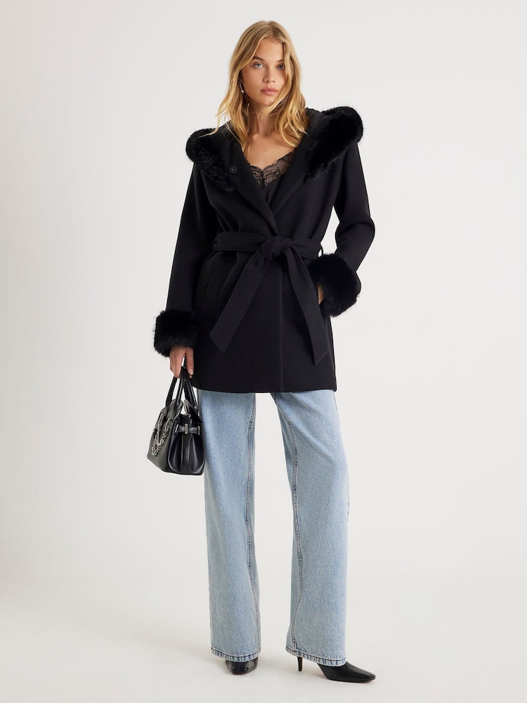 River Island Black Short Fur Hooded Coat - Image 1 of 4