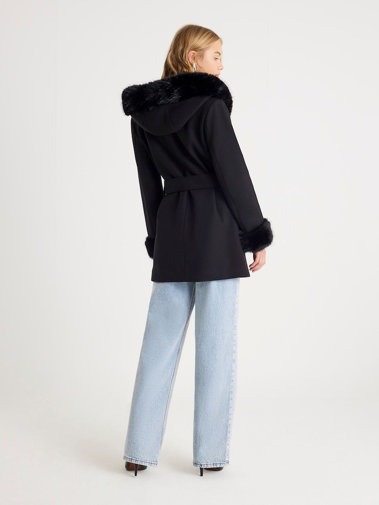 River Island Black Short Fur Hooded Coat - Image 2 of 4