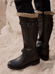 Mint Velvet Black Kara  Leather Faux Fur Boots - Image 1 of 5