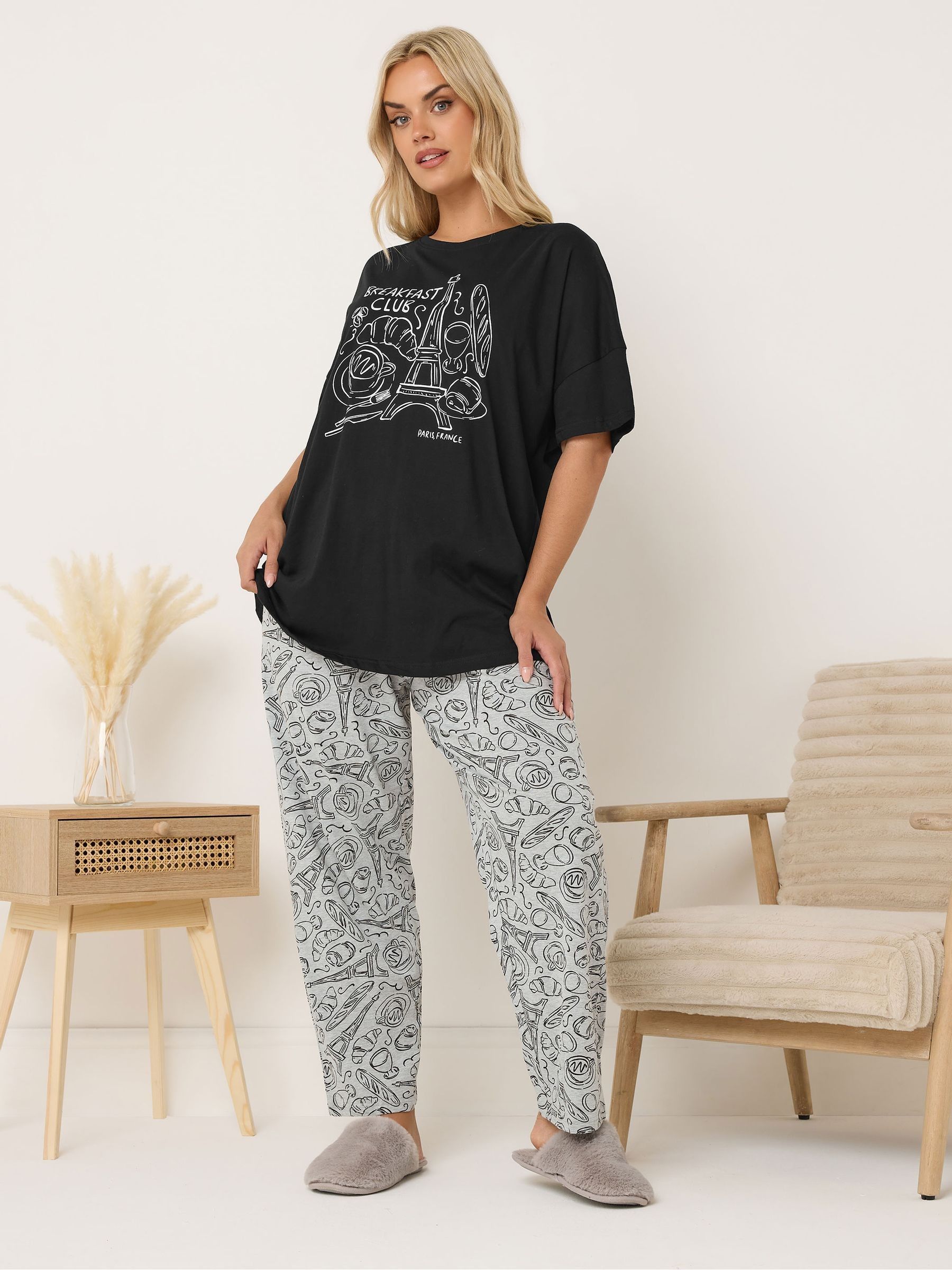 Yours Curve Women's Black Short Sleeve Wide Leg Pyjamas Set