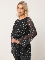 Yours Curve Black Flare Sleeve Mesh Swing Top - Image 1 of 5