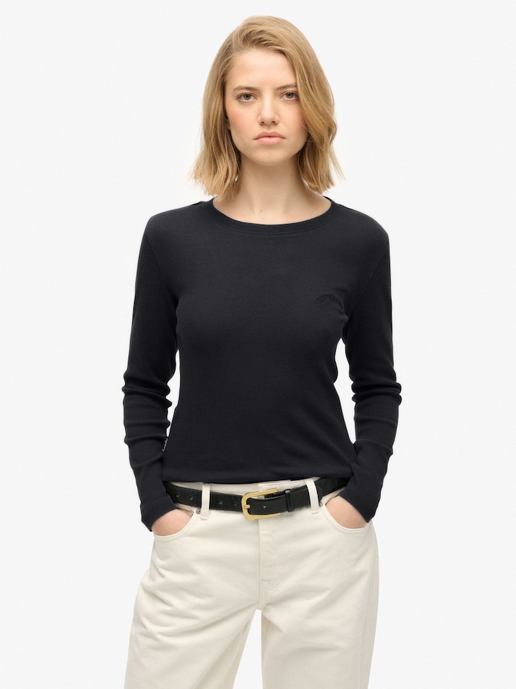 Superdry Black Athletic Essentials Logo Garment Dyed Ribbed Top - Image 1 of 6 Superdry Black Athletic Essentials Logo Garment Dyed Ribbed Top - Image 1 of 6
