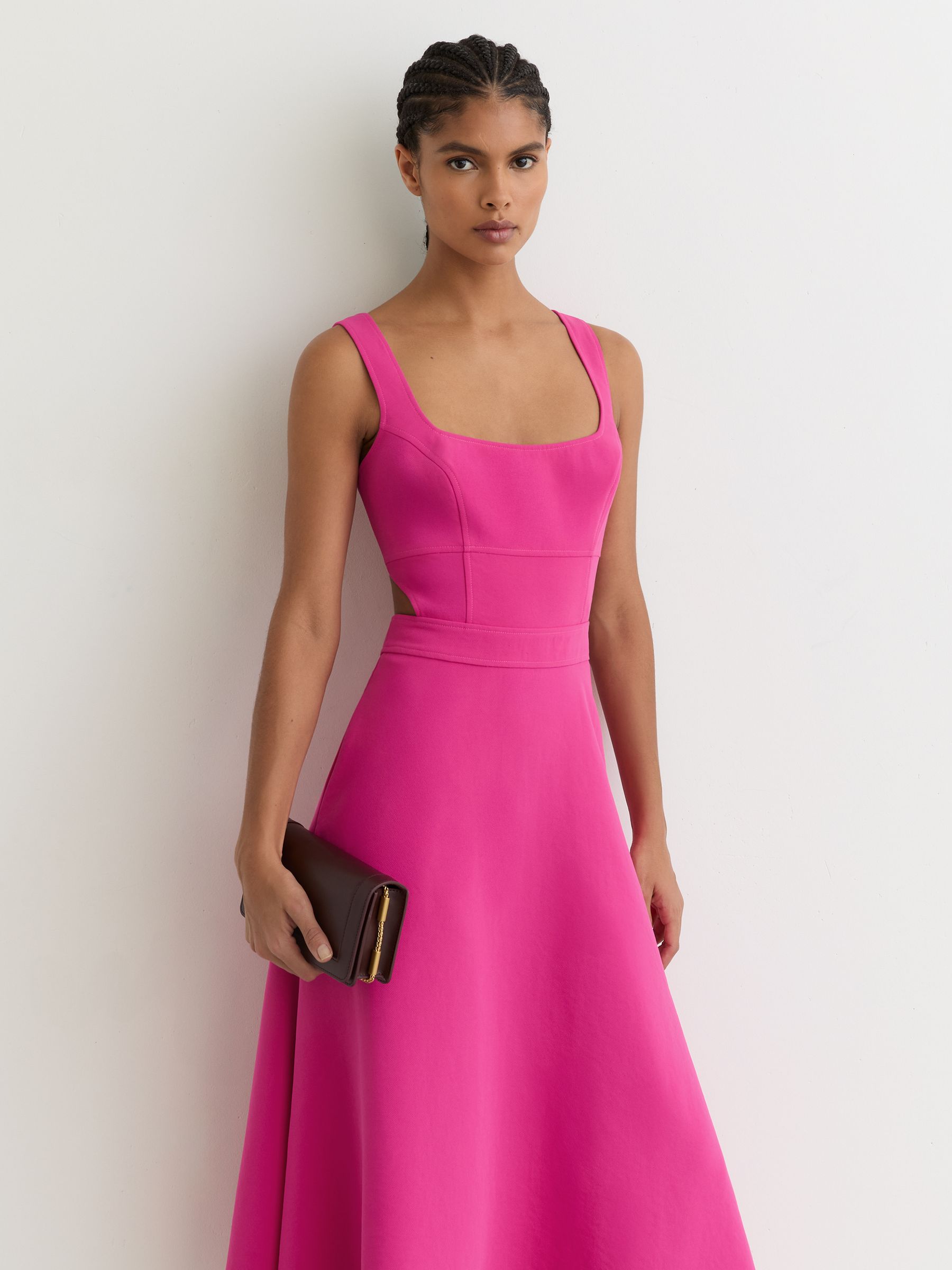 Buy Reiss Raspberry Pink Dina Waisted Cut-Out Twill Midi Dress