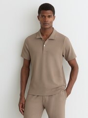 Reiss Camel Brown Kennedy Textured Half-Button Polo Shirt - Image 1 of 7