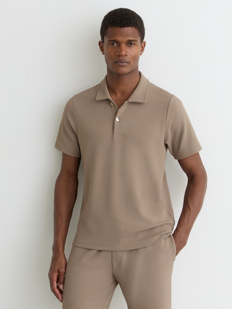 Reiss Camel Brown Kennedy Textured Half-Button Polo Shirt - Image 1 of 7
