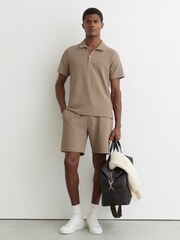 Reiss Camel Brown Kennedy Textured Half-Button Polo Shirt - Image 3 of 7