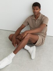 Reiss Camel Brown Kennedy Textured Half-Button Polo Shirt - Image 5 of 7