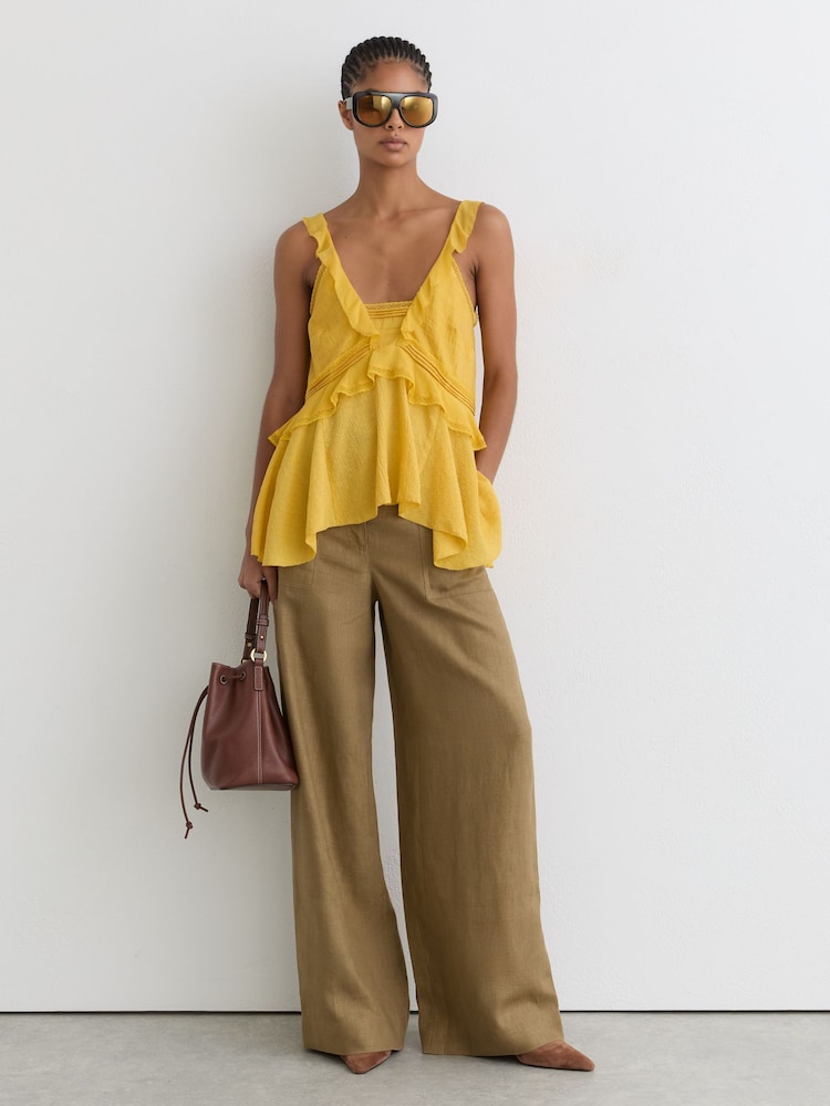 Reiss Light Khaki Green Ashby Linen Wide-Leg Trousers - Image 1 of 7