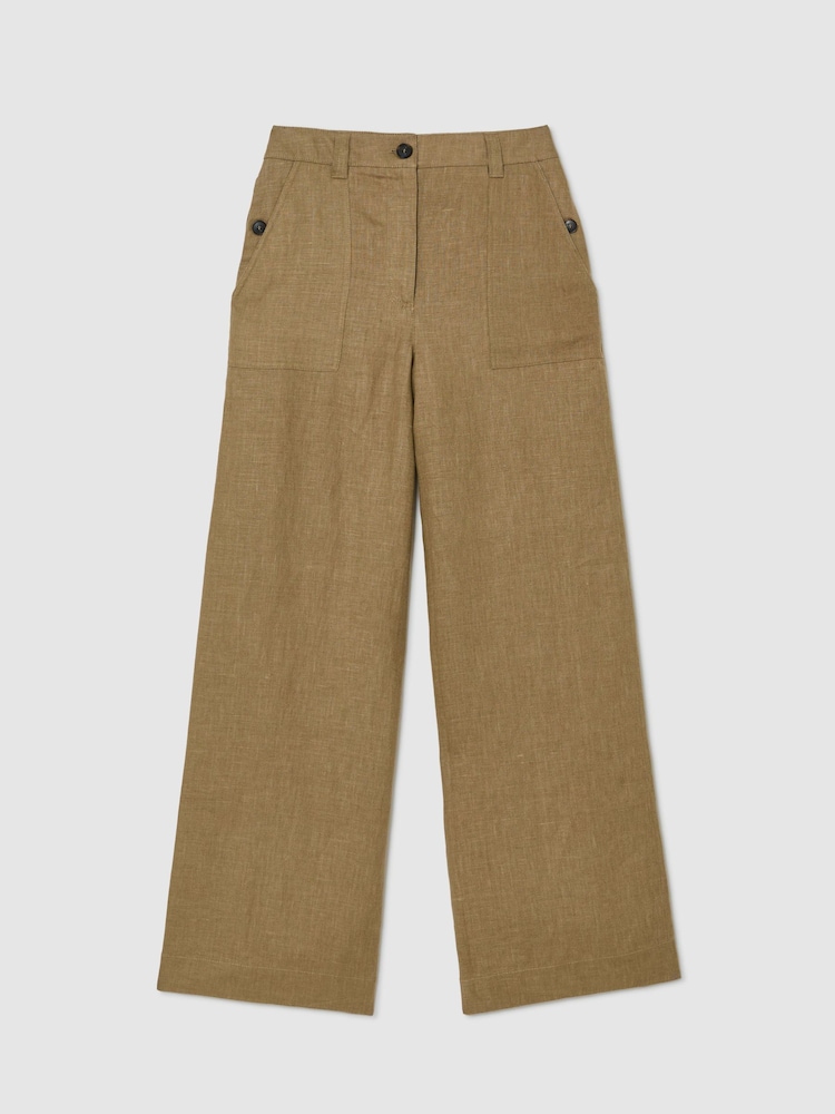 Reiss Light Khaki Green Ashby Linen Wide-Leg Trousers - Image 2 of 7