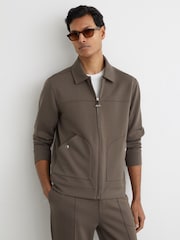 Reiss Light Brown Newland Premium Interlock Zip-Through Overshirt - Image 1 of 7