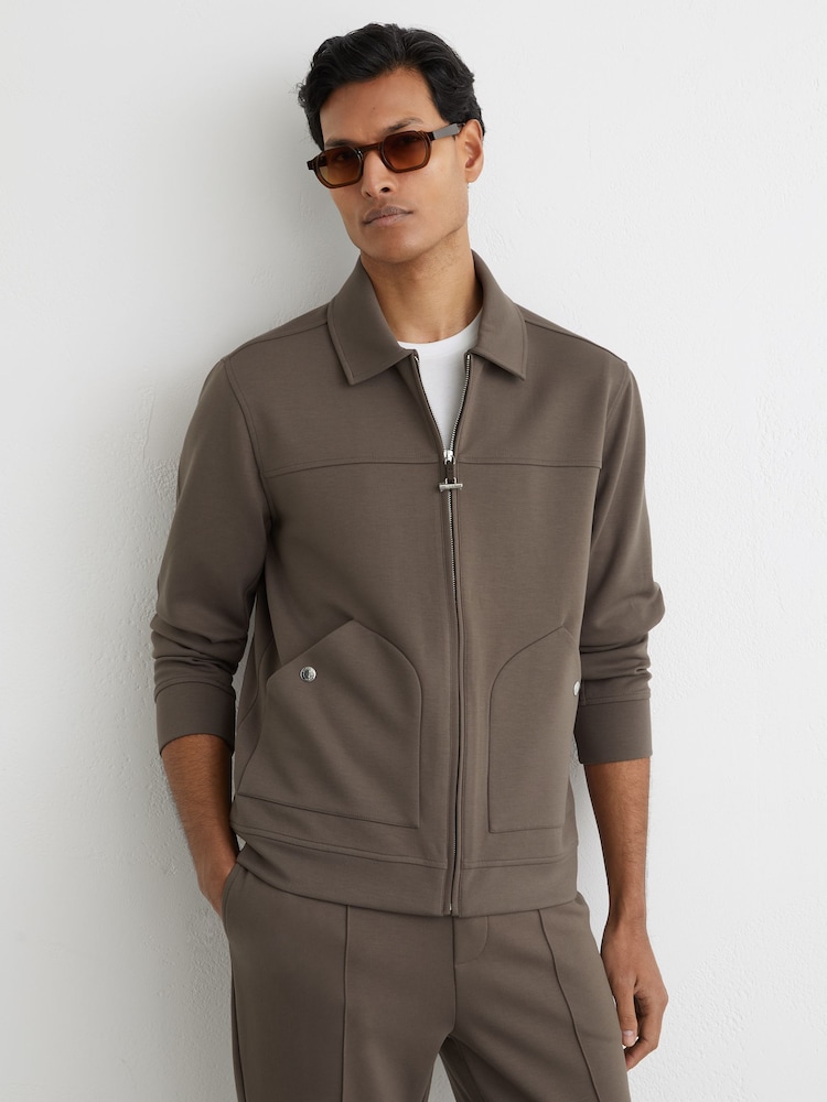 Reiss Light Brown Newland Premium Interlock Zip-Through Overshirt - Image 1 of 7