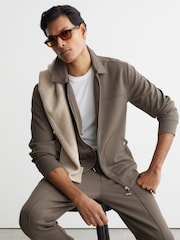 Reiss Light Brown Newland Premium Interlock Zip-Through Overshirt - Image 4 of 7