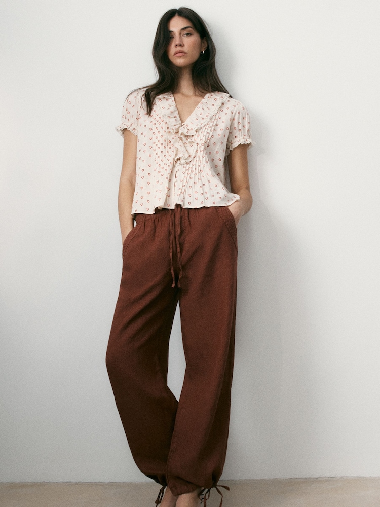 BHOEM White/Burgundy Printed Short Sleeve Frill Romantic Top - Image 4 of 4