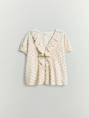 BHOEM White/Burgundy Printed Short Sleeve Frill Romantic Top - Image 5 of 5