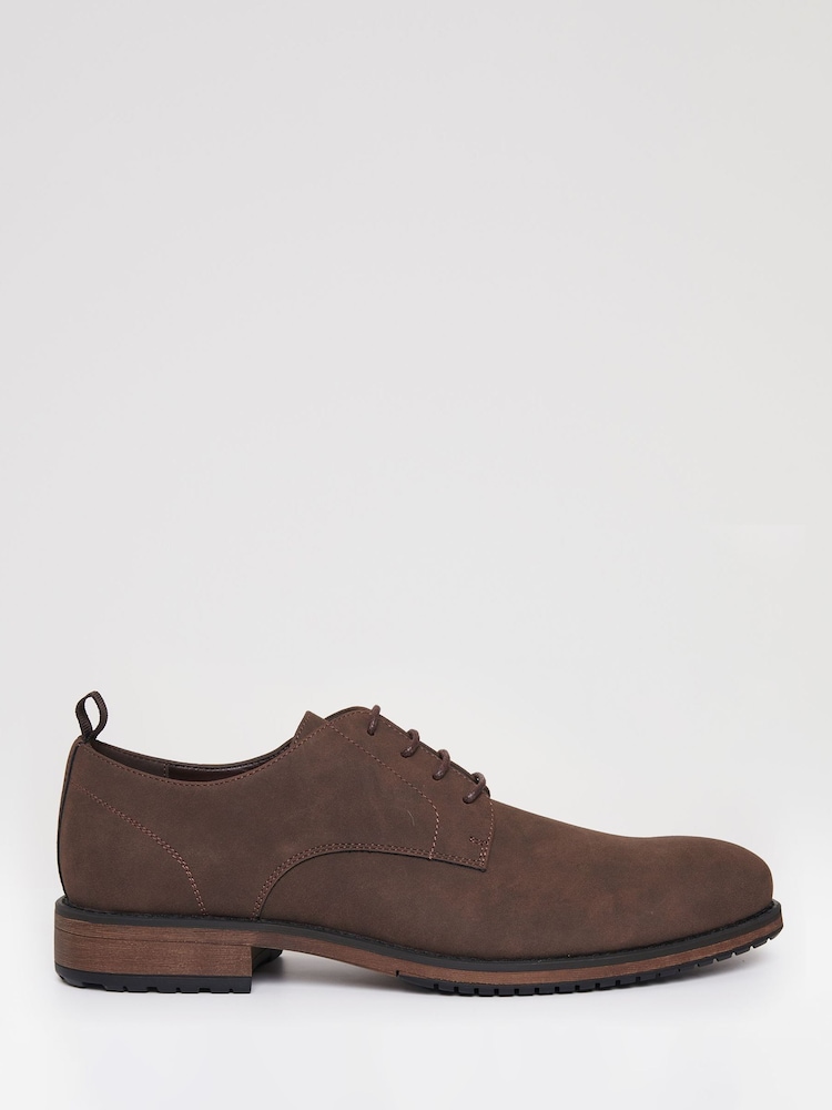 Threadbare Brown Faux Suede Derby Shoes - Image 1 of 4 Threadbare Brown Faux Suede Derby Shoes - Image 1 of 4