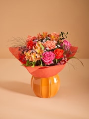Pink/Orange Rose and Carnations Fresh Flower Bouquet in Ceramic Pumpkin Vase - Image 1 of 5