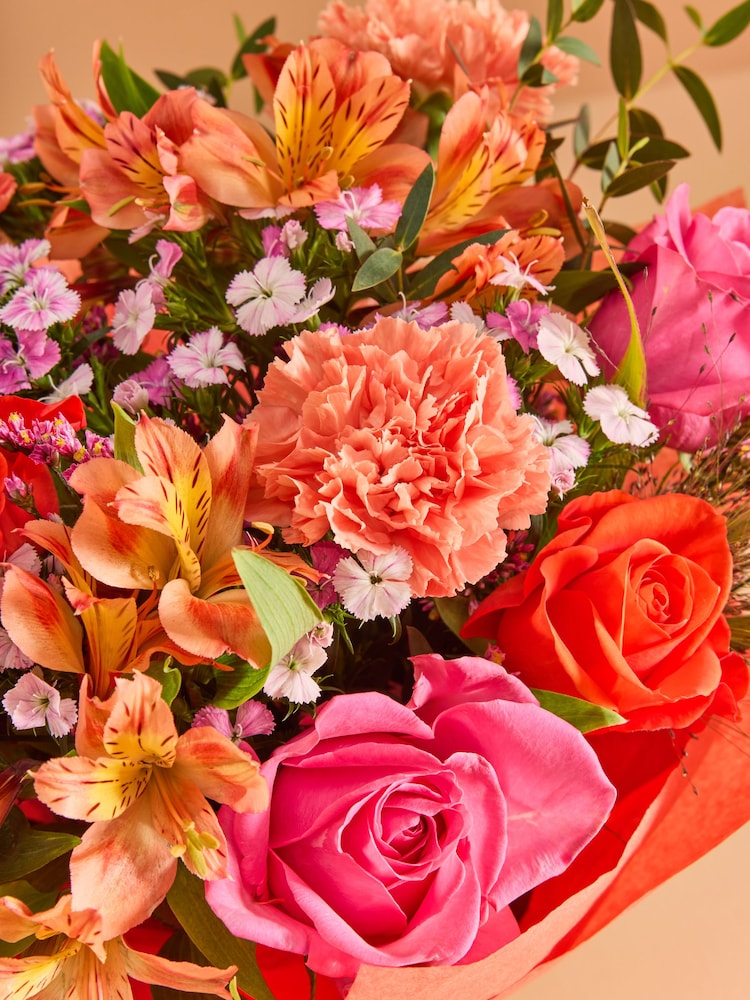 Pink/Orange Rose and Carnations Fresh Flower Bouquet in Ceramic Pumpkin Vase - Image 2 of 5