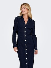 ONLY Blue Button Up Denim Cinched Waist Midi Dress - Image 1 of 6