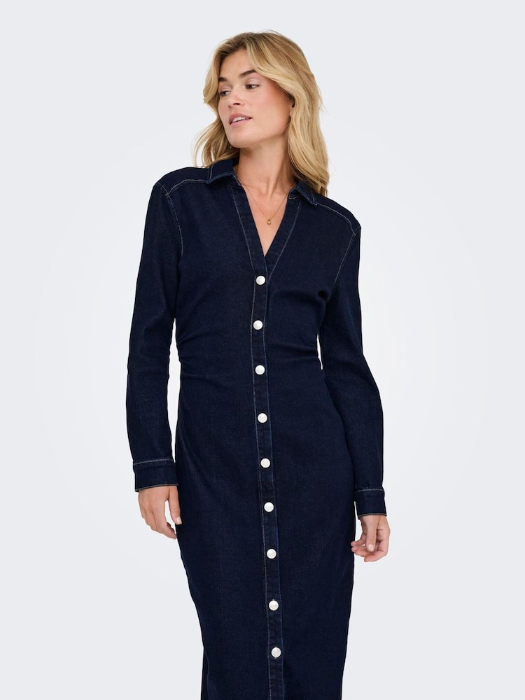 ONLY Blue Button Up Denim Cinched Waist Midi Dress - Image 1 of 6