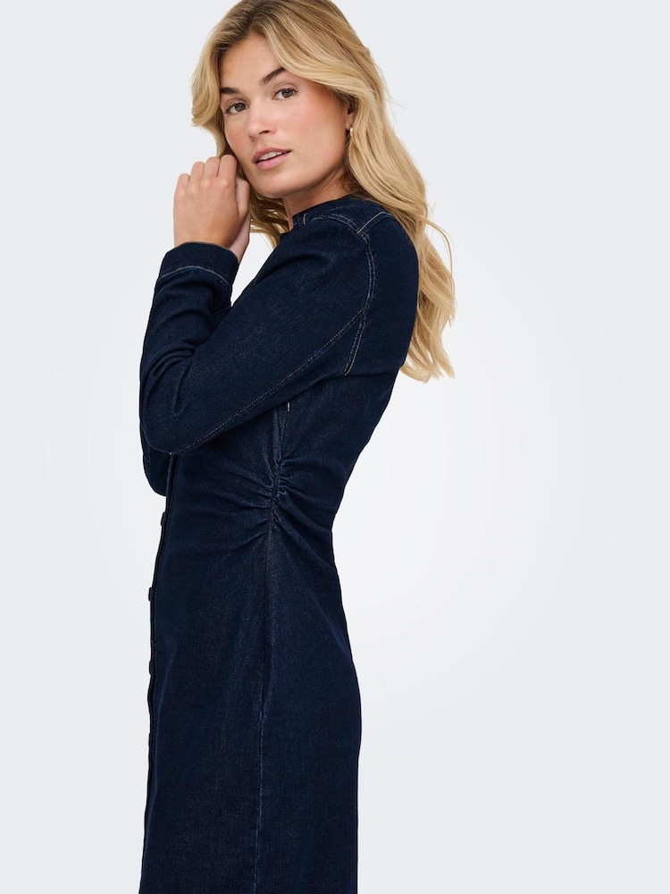 ONLY Blue Button Up Denim Cinched Waist Midi Dress - Image 2 of 6