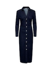 ONLY Blue Button Up Denim Cinched Waist Midi Dress - Image 5 of 6