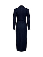 ONLY Blue Button Up Denim Cinched Waist Midi Dress - Image 6 of 6