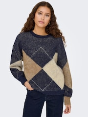 ONLY Navy Argyle Knit Jumper - Image 3 of 5