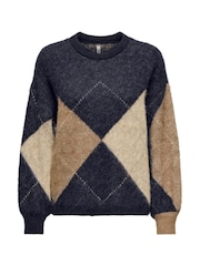 ONLY Navy Argyle Knit Jumper - Image 4 of 5