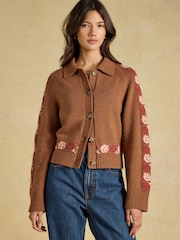 Embroidered Cowboy Tan Brown Cotton Blend Knitted Cardigan - Image 1 of 7