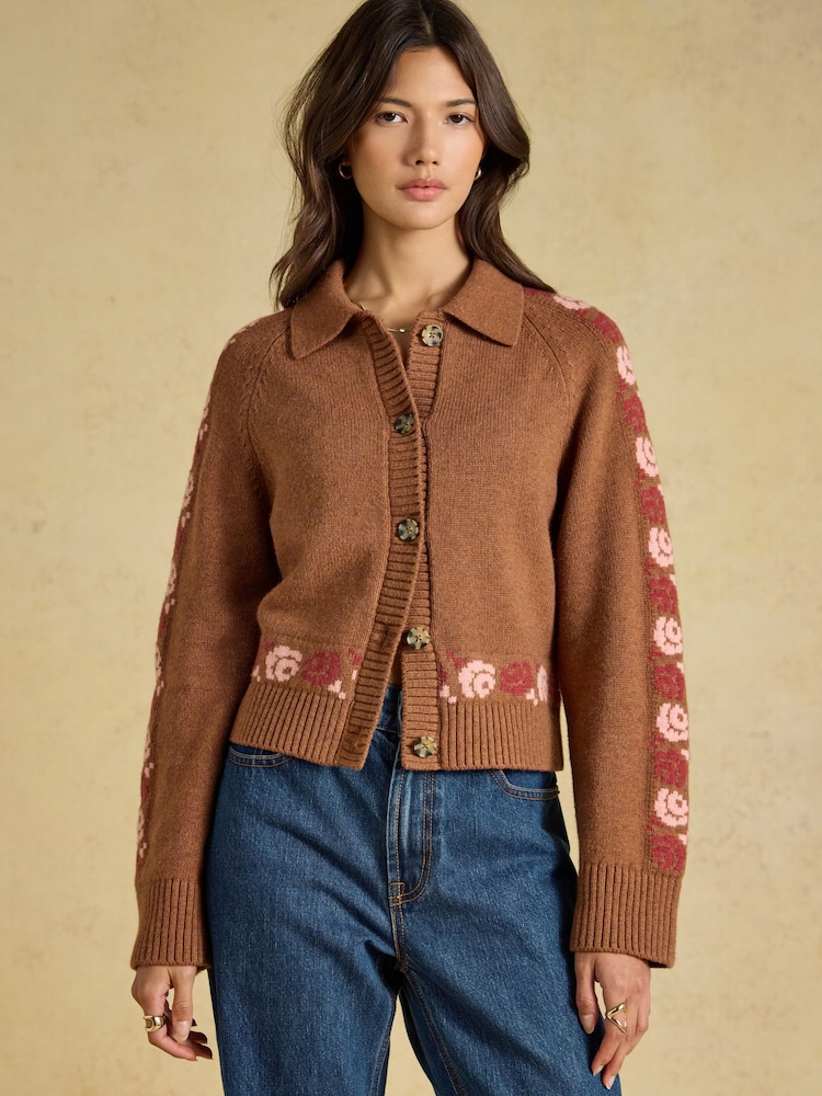Embroidered Cowboy Tan Brown Cotton Blend Knitted Cardigan - Image 1 of 7 Embroidered Cowboy Tan Brown Cotton Blend Knitted Cardigan - Image 1 of 7