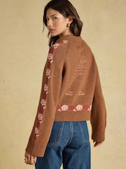Embroidered Cowboy Tan Brown Cotton Blend Knitted Cardigan - Image 2 of 7