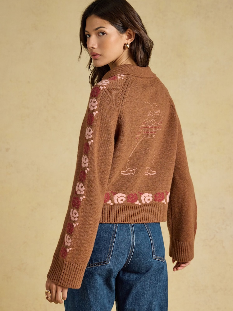 Embroidered Cowboy Tan Brown Cotton Blend Knitted Cardigan - Image 2 of 7 Embroidered Cowboy Tan Brown Cotton Blend Knitted Cardigan - Image 2 of 7
